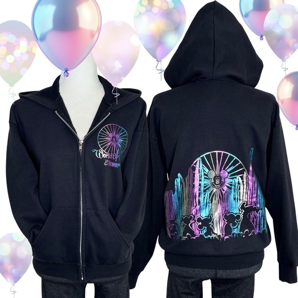 Disney Parks Hoodie DCA World of Color Zip Up Hooded Sweatshirt Black Junior XL - Picture 1 of 14